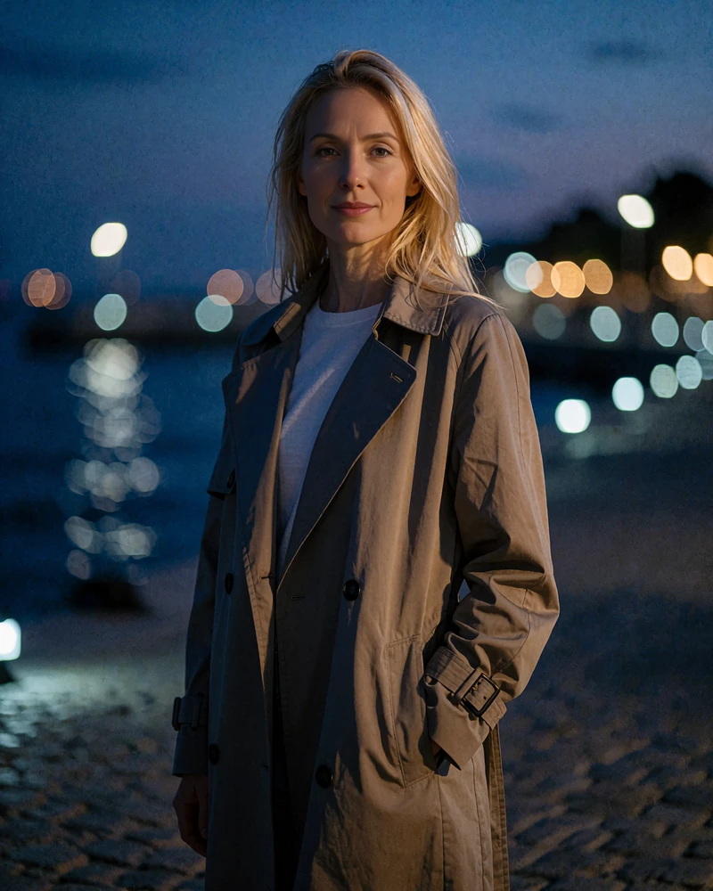 Woman with honey-blonde hair in a taupe trench coat on a harbor promenade at blue hour - demonstration profile photo