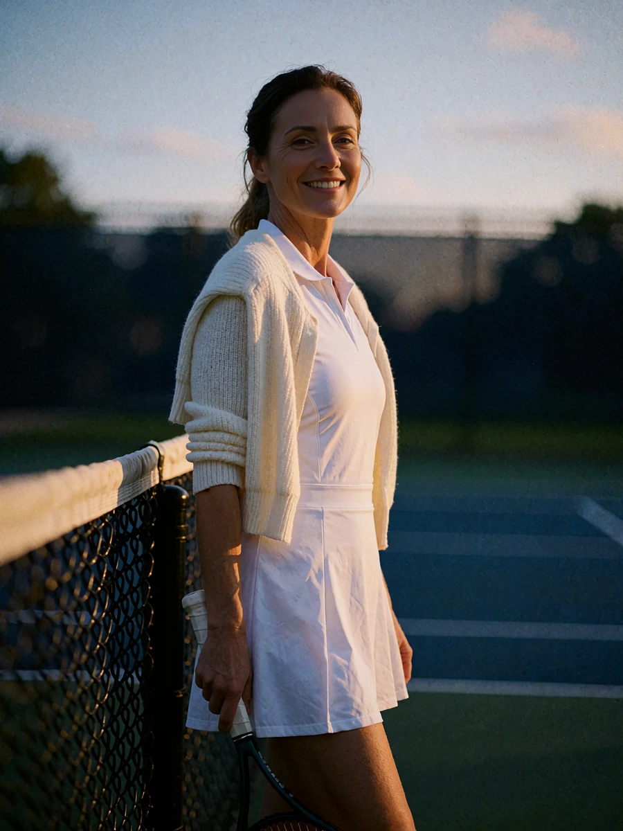Athletic woman in a white tennis dress standing beside a court fence at dusk, illustrative member profile photo