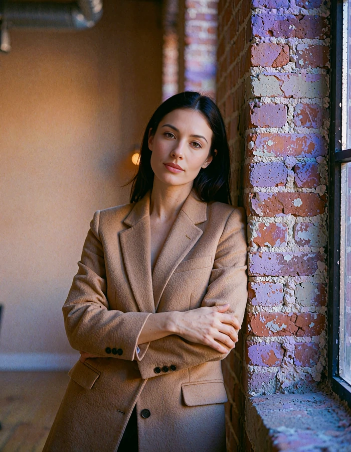 Woman with sleek dark hair and a camel blazer leaning against an exposed brick wall in a West Loop loft - demonstration profile photo