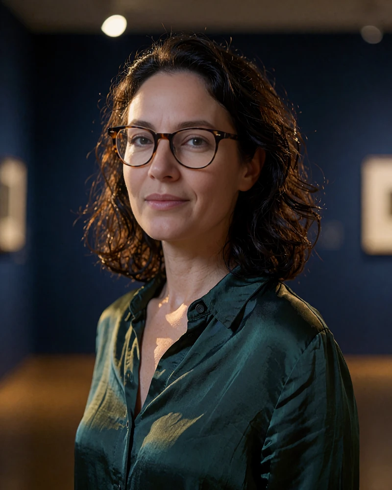 Woman with dark wavy hair and tortoiseshell glasses in a green silk shirt at a Portland gallery at night - demonstration profile photo