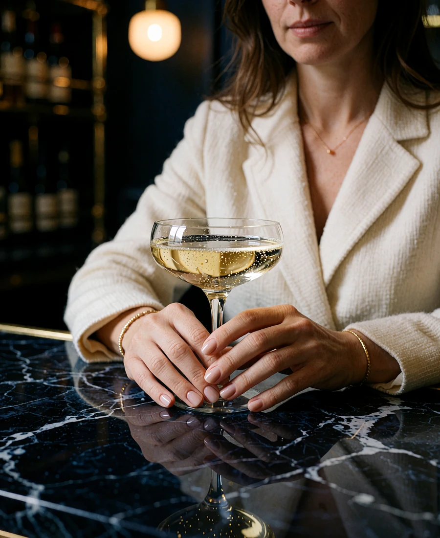 Woman's hands with a nude manicure resting beside a champagne coupe on a dark marble bar top before a first sugar date