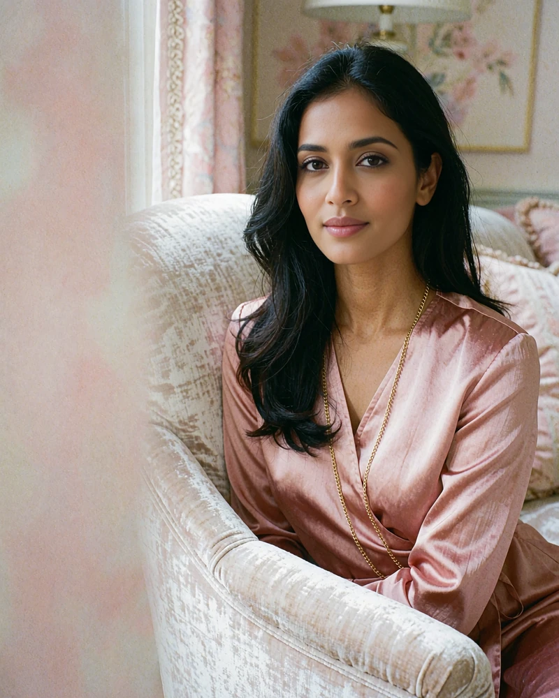 Sophisticated woman in a rose silk wrap top seated on a pale velvet lounge chair - illustrative member profile photo