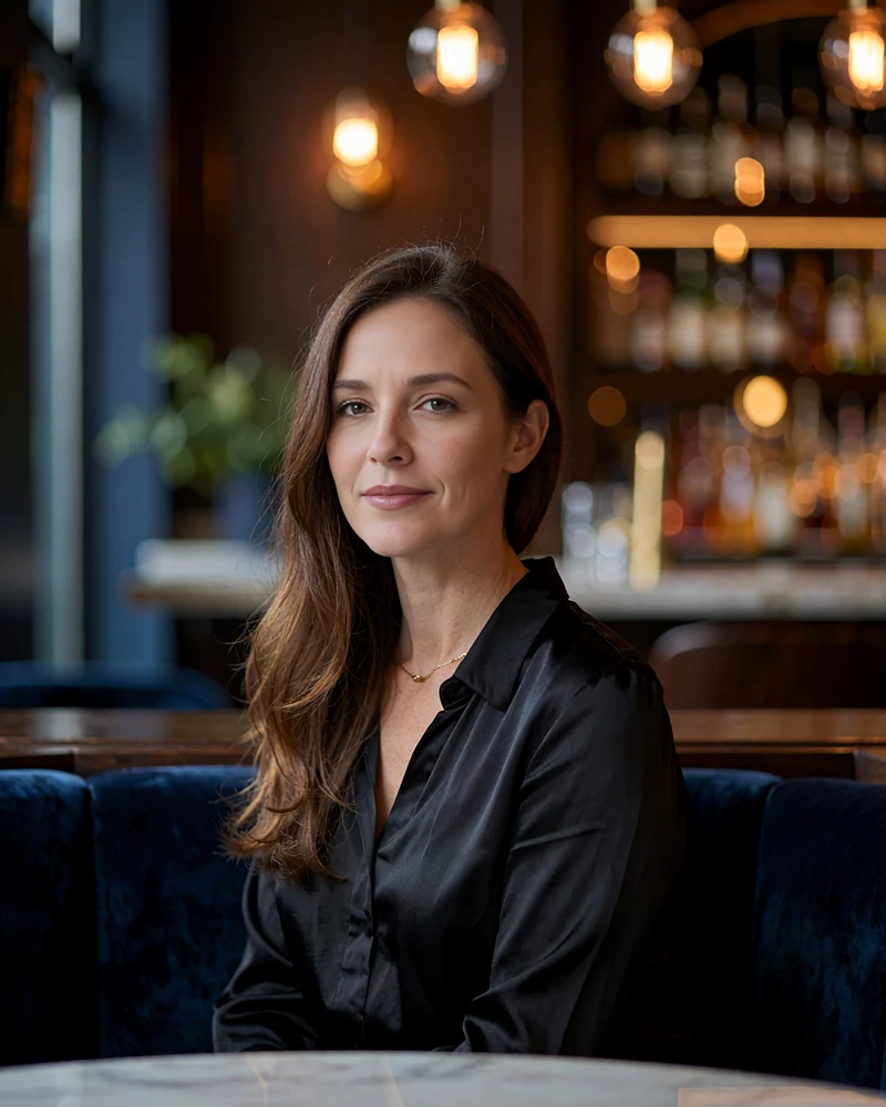 Woman with long chestnut hair in a black silk blouse seated in a dim Nashville cocktail lounge - demonstration profile photo