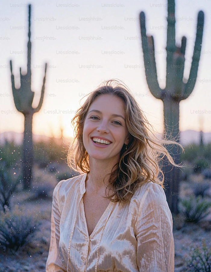 Woman with light brown waves laughing among saguaro cacti at desert sunset - demonstration profile photo
