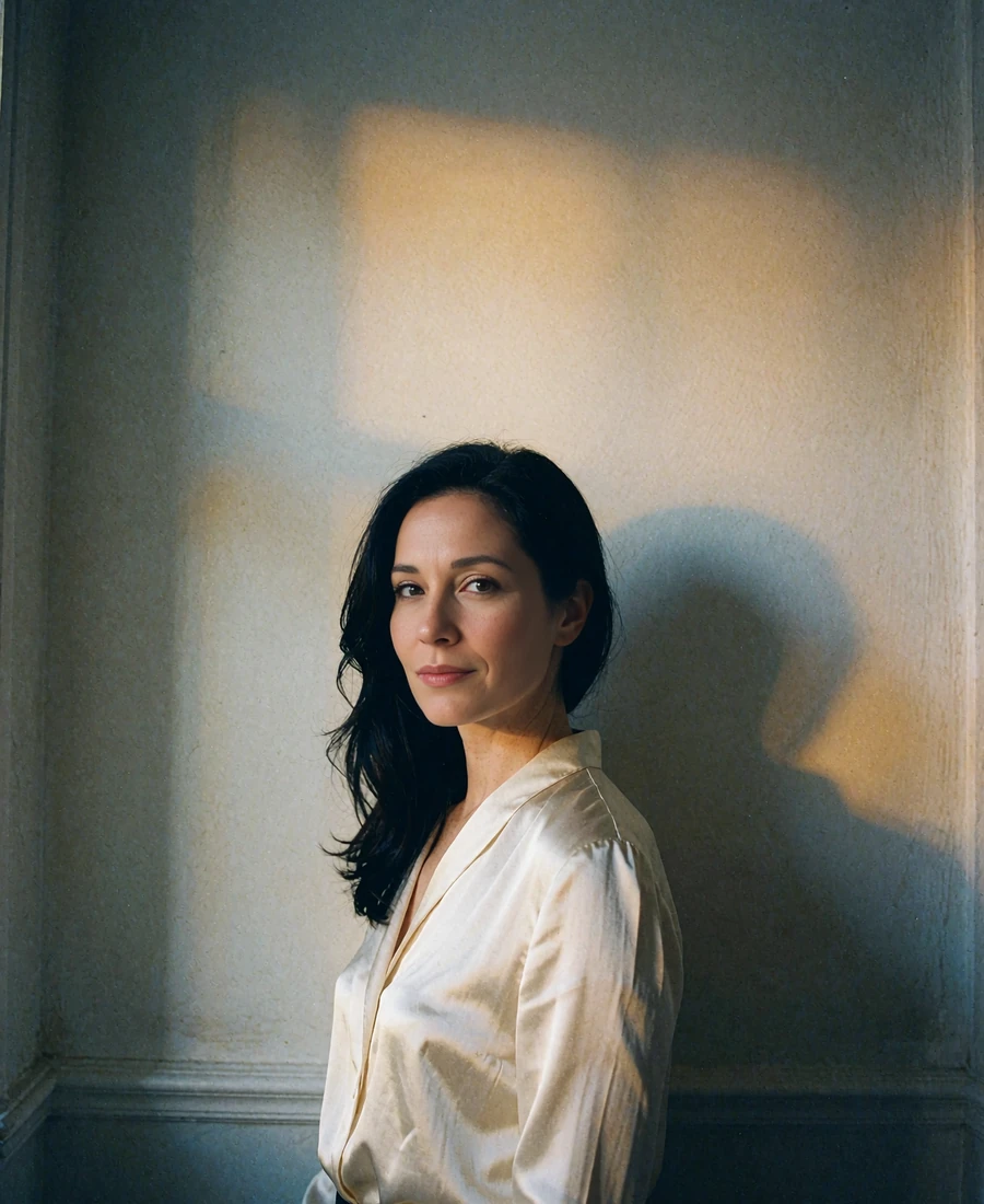 Woman in a cream silk blouse glancing back inside a dimly lit San Antonio gallery interior - illustrative profile photo