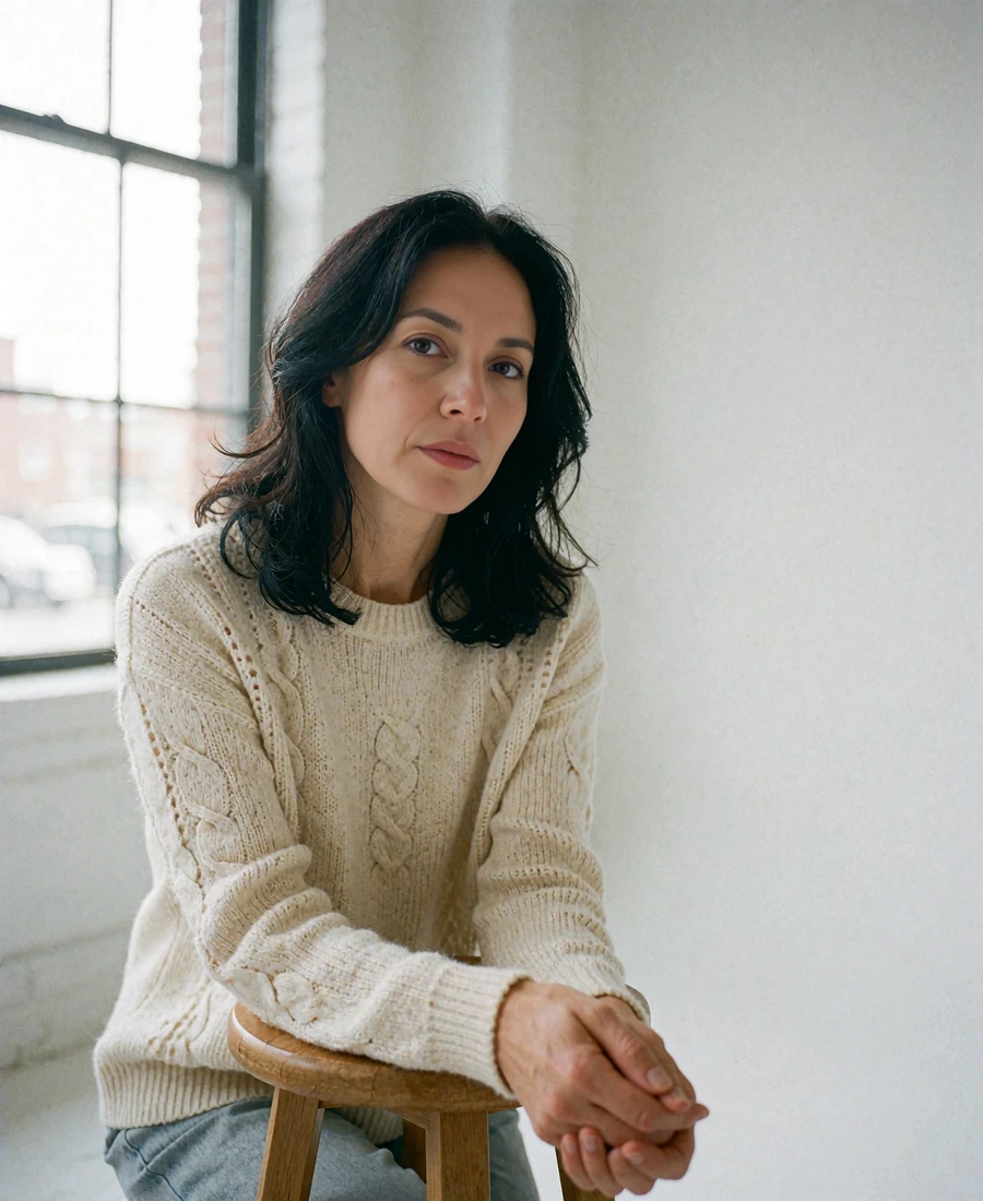 Woman in a cream knit sweater seated on a wooden stool in a bright studio corner, giving a soft direct gaze