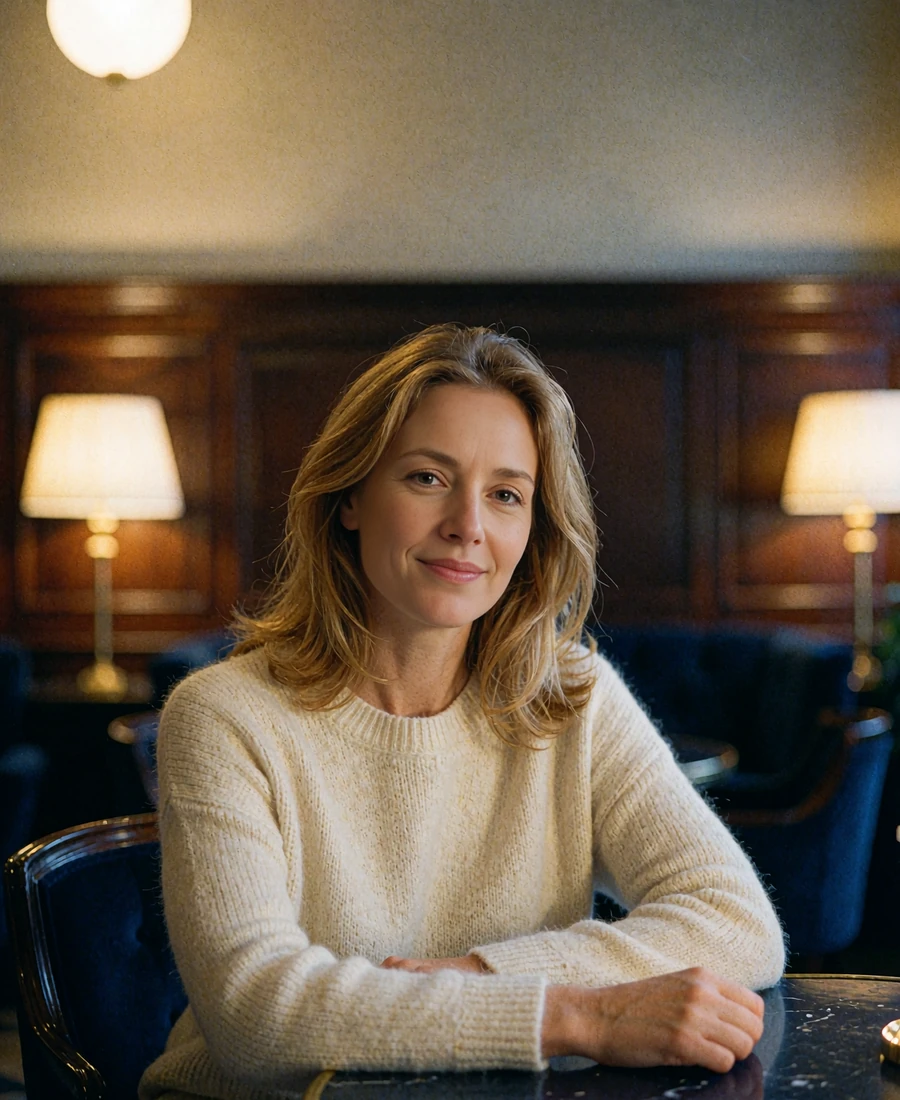Woman with honey-blonde hair seated at a small table in an upscale evening cafe - demonstration profile photo