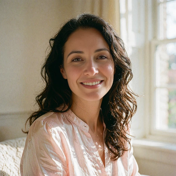 Portrait of a smiling woman in a pale pink blouse representing an illustrative community voice