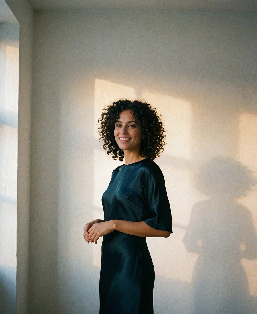 Woman with dark coiled curls in an emerald dress smiling in a quiet modern interior near the Museum District - demonstration profile photo