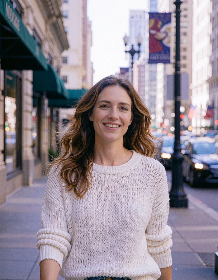 Woman with long caramel-brown waves in a white knit sweater smiling while walking along Michigan Avenue - demonstration profile photo