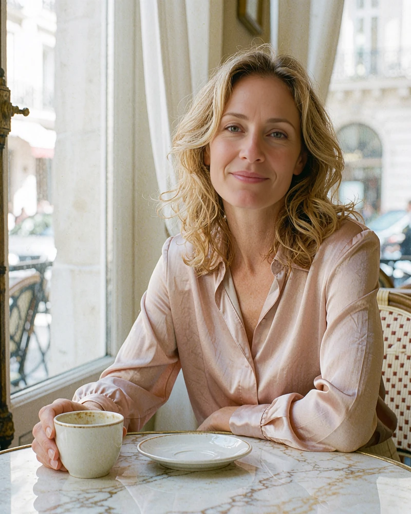 Smiling woman with honey-blonde waves seated at a marble café table by a window - illustrative member profile photo