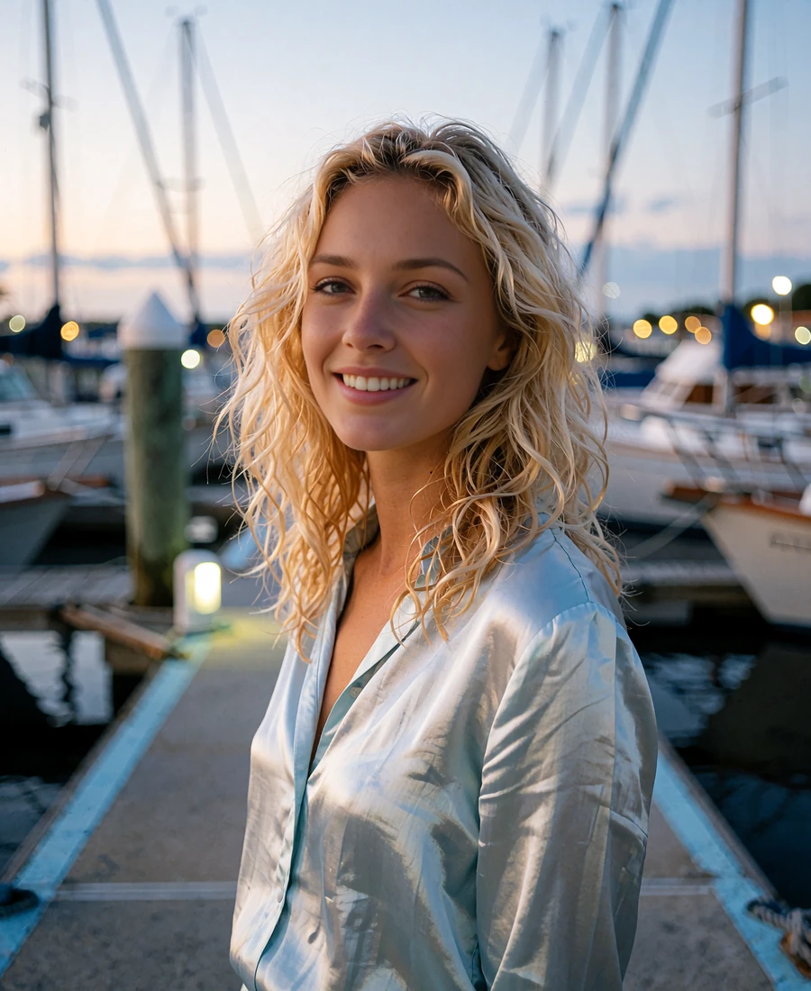 Young woman with sun-lightened wavy hair in a pale blue silk blouse on a San Diego marina walkway at dusk - demonstration profile photo