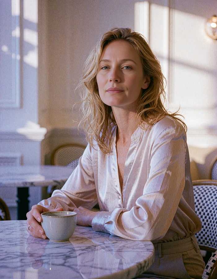 Honey-blonde woman in a blush blouse at a marble café table in an upscale Gold Coast interior - demonstration profile photo