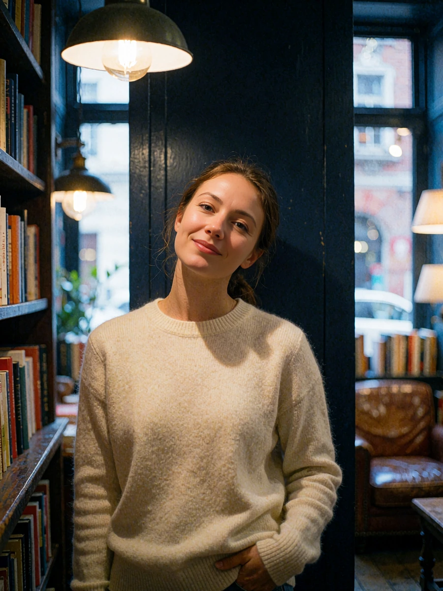 Bright-eyed woman in a cream cashmere sweater standing between tall shelves in a quiet bookshop - illustrative member profile photo