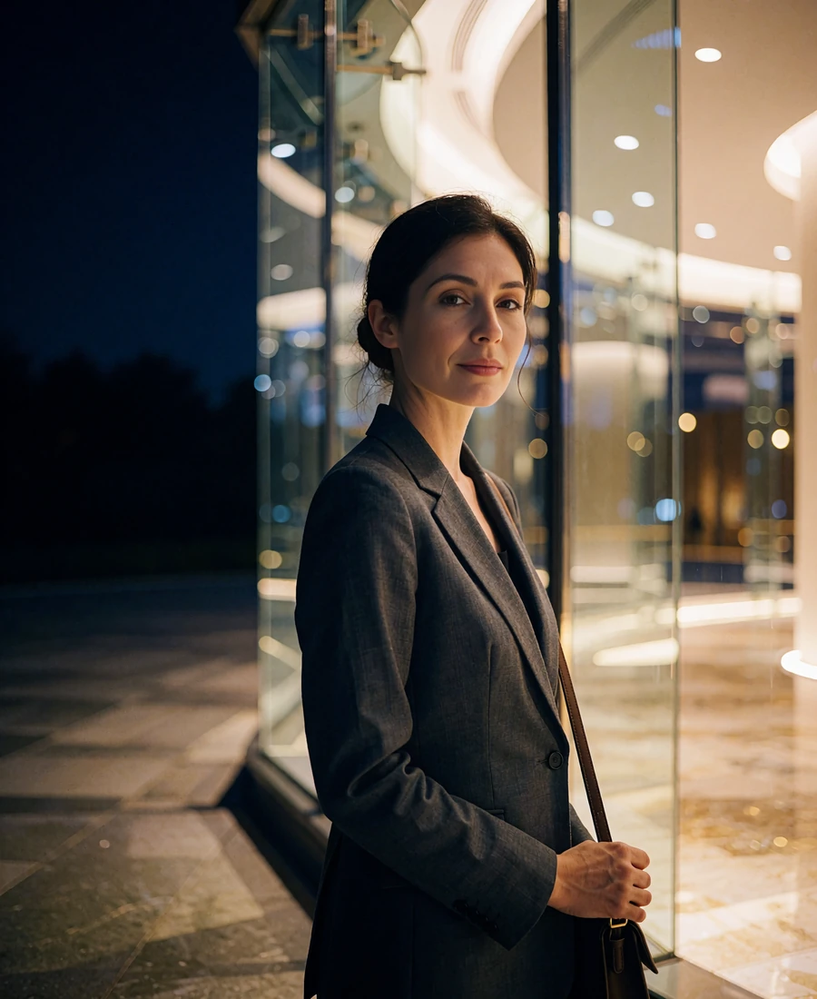 Woman with dark hair in a low bun wearing a charcoal blazer inside a modern glass atrium at night - demonstration profile photo