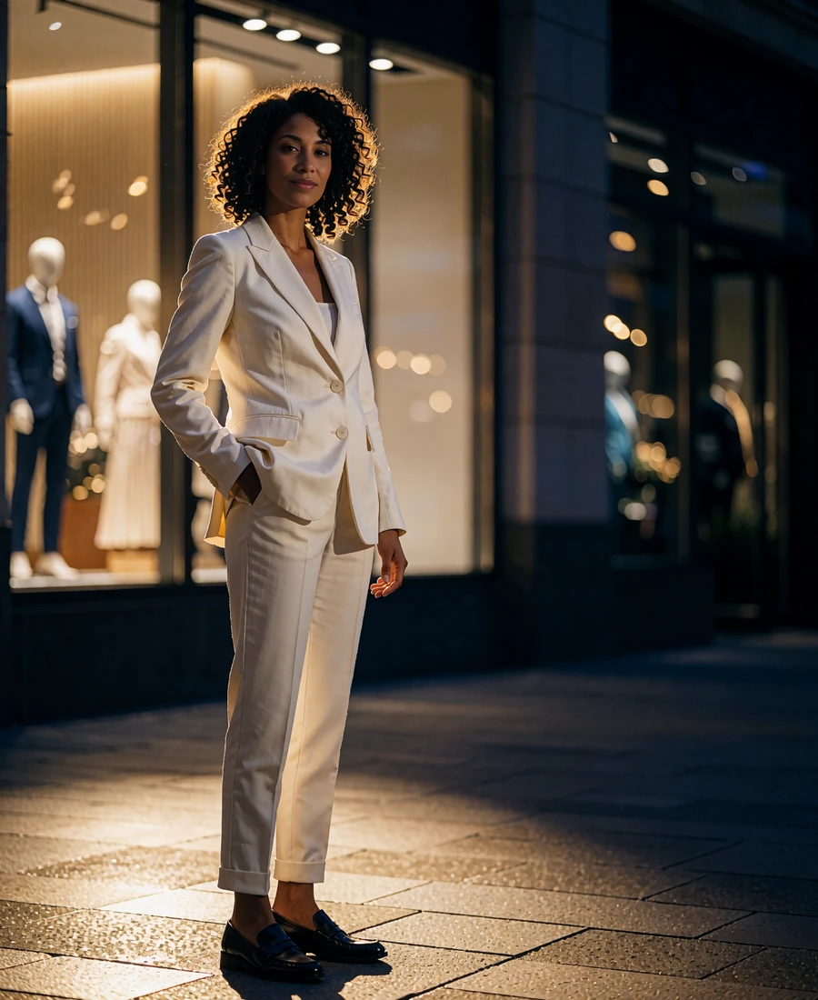 Woman with dark curly hair in a tailored ivory suit on a Dallas Design District sidewalk at night - demonstration profile photo