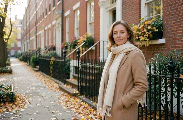 Poised woman in a camel coat standing on a leafy Boston street lined with brick townhouses