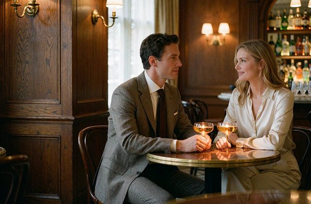 Well-dressed man and elegant woman sharing conversation over drinks at a hushed members-style bar table