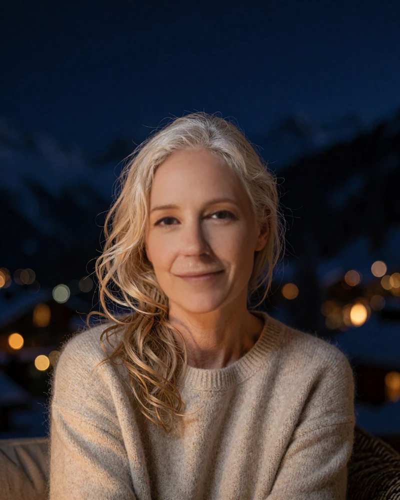 Woman with ash-blonde hair in an oatmeal cashmere sweater in a warmly lit mountain-lodge lounge - demonstration profile photo