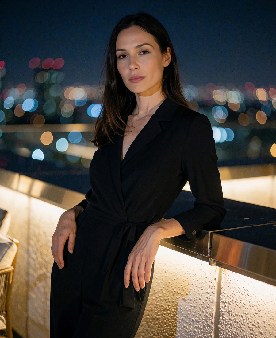 Woman in a black jumpsuit leaning on a rooftop lounge railing at night with city lights behind her - demonstration profile photo