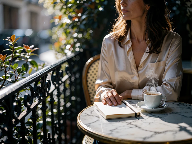 Woman in a silk blouse resting a hand on a closed notebook at a marble café table on a shaded terrace