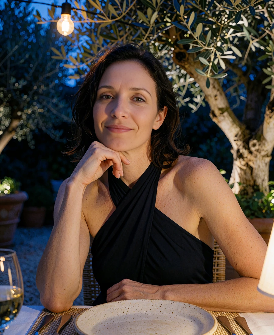 Woman in a black halter dress at an outdoor courtyard dinner table in Los Angeles - demonstration profile photo