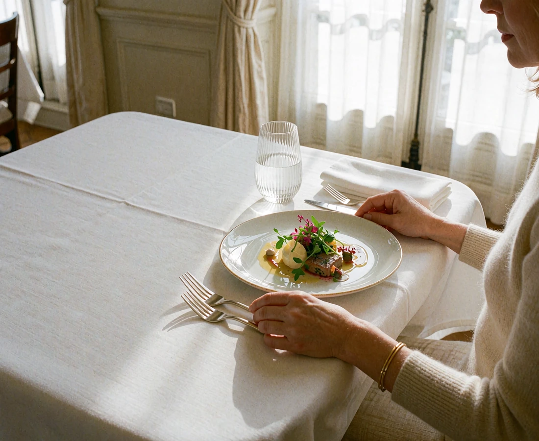Woman seated at a window-side restaurant table with hands resting beside an artfully plated tasting course during a first date lunch