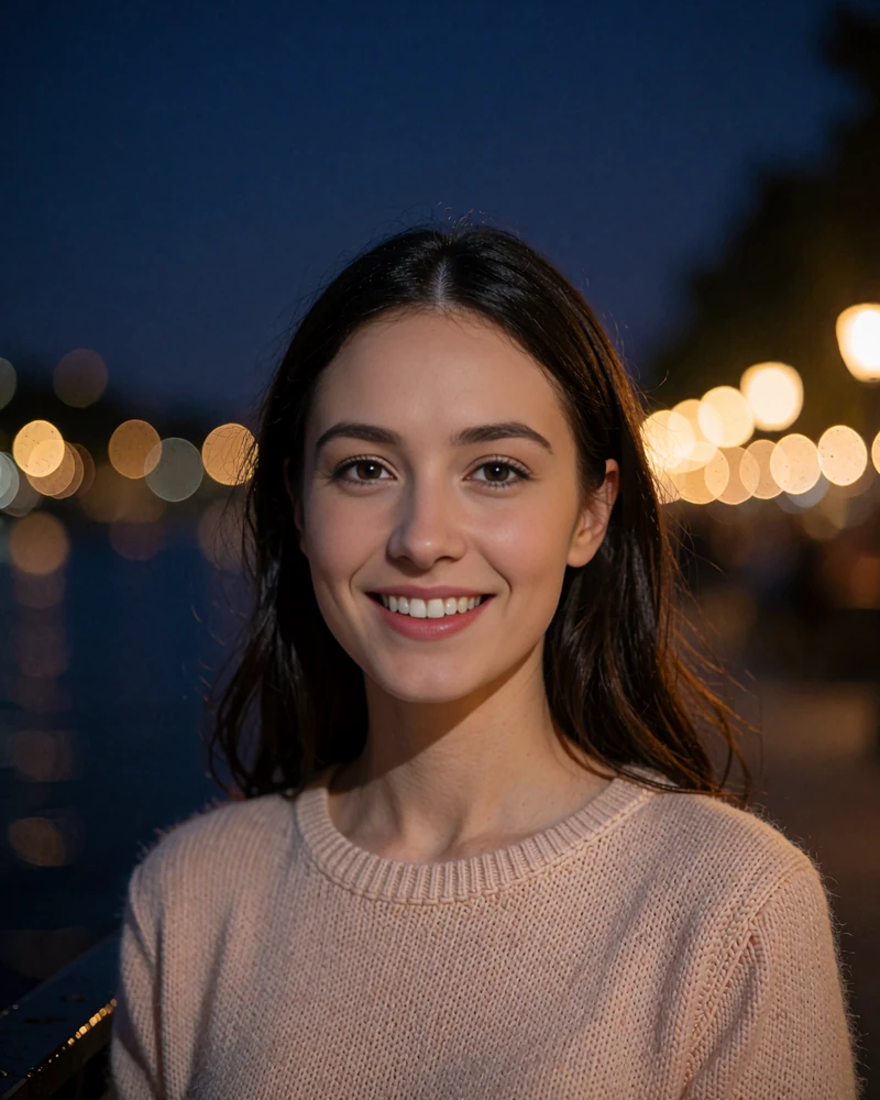 Young woman with long dark center-parted hair in a blush knit top on a San Antonio riverside terrace at night - demonstration profile photo