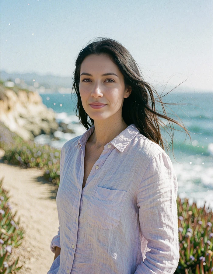 Poised woman with long dark hair on a La Jolla clifftop path above the Pacific - demonstration profile photo