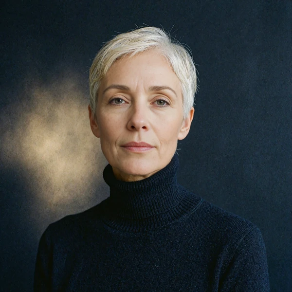 Portrait of a woman with a short silver-blonde crop, representing an illustrative community voice