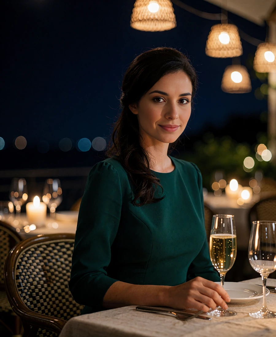 Woman with dark hair in a fitted emerald dress at a candlelit outdoor restaurant terrace at night - demonstration profile photo