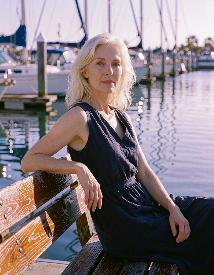 Graceful blonde woman in a navy dress seated at a San Diego marina bench - demonstration profile photo