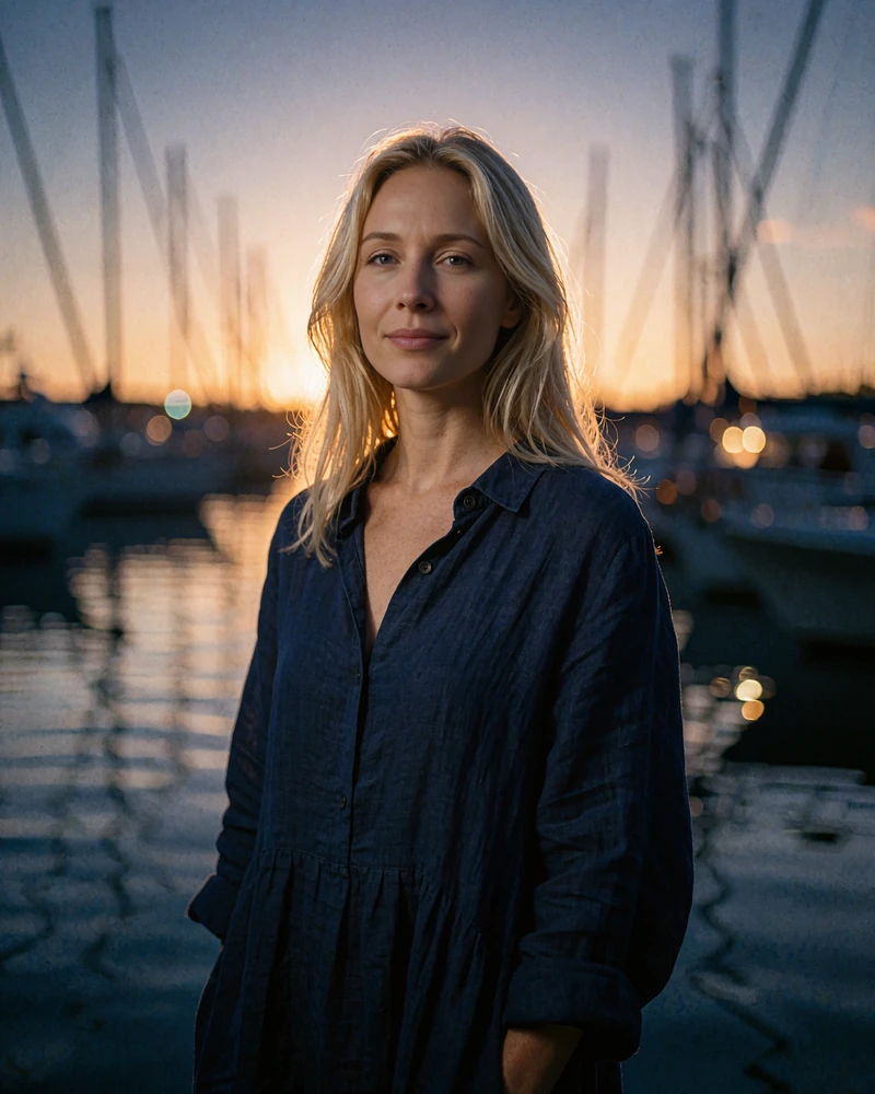 Woman with straight dark-blonde hair in a navy linen dress at a Tampa marina at sunset - demonstration profile photo