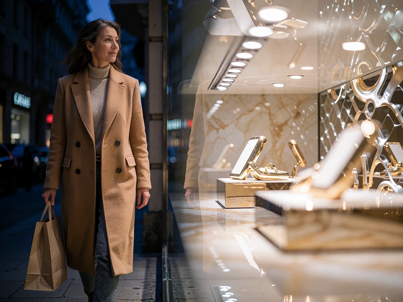 Woman in a camel coat walking past a softly lit luxury boutique interior carrying an unmarked paper bag
