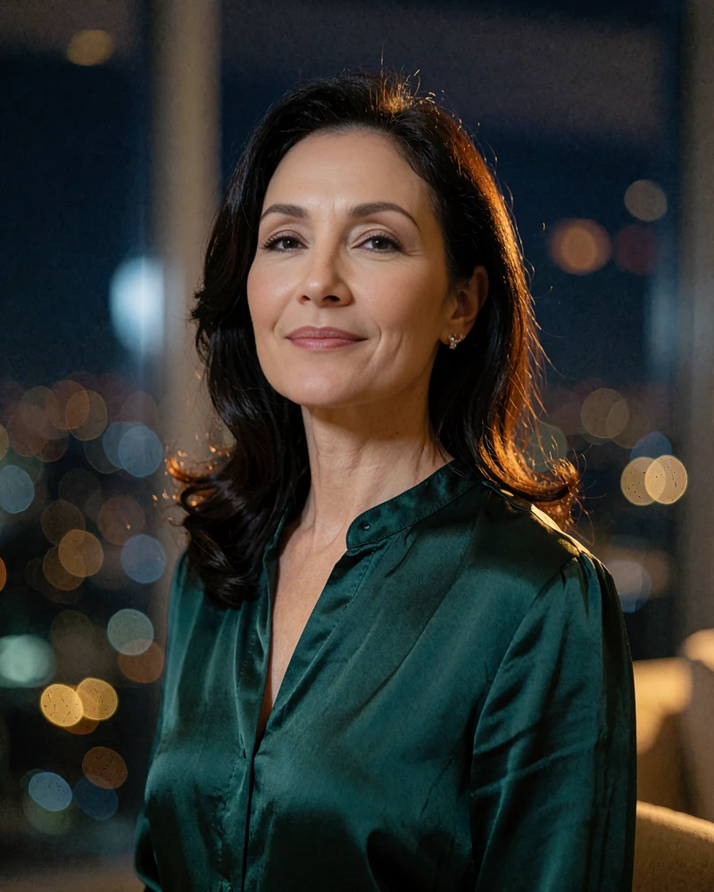 Poised woman in her early forties in an emerald silk blouse at a Brickell high-rise lounge at night - demonstration profile photo