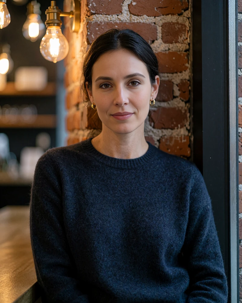 Poised brunette woman in a charcoal sweater at a Short North gallery cafe in Columbus - demonstration profile photo