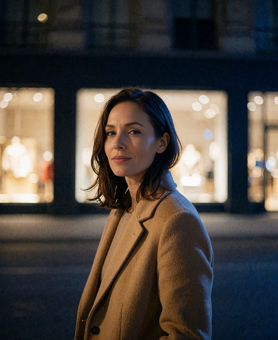 Woman in a tailored camel coat on a quiet upscale Dallas shopping street in the evening - illustrative demonstration profile
