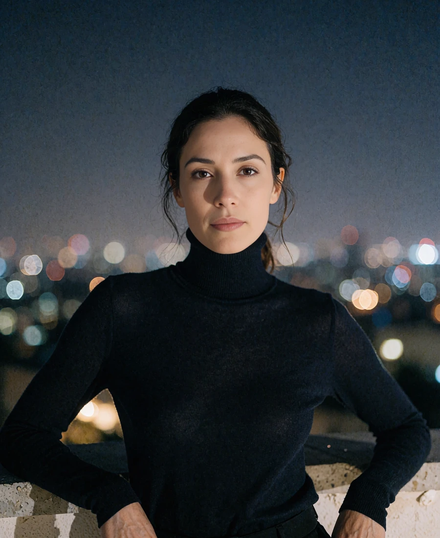Striking woman in a black turtleneck standing on an apartment terrace at night above the city - illustrative demonstration profile