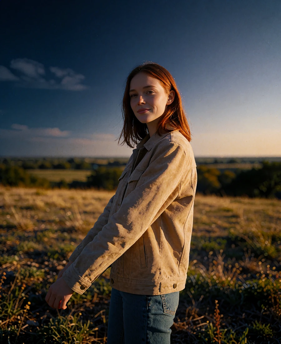 Young woman with straight auburn hair in a suede jacket on a countryside terrace outside Dallas at dusk - demonstration profile photo
