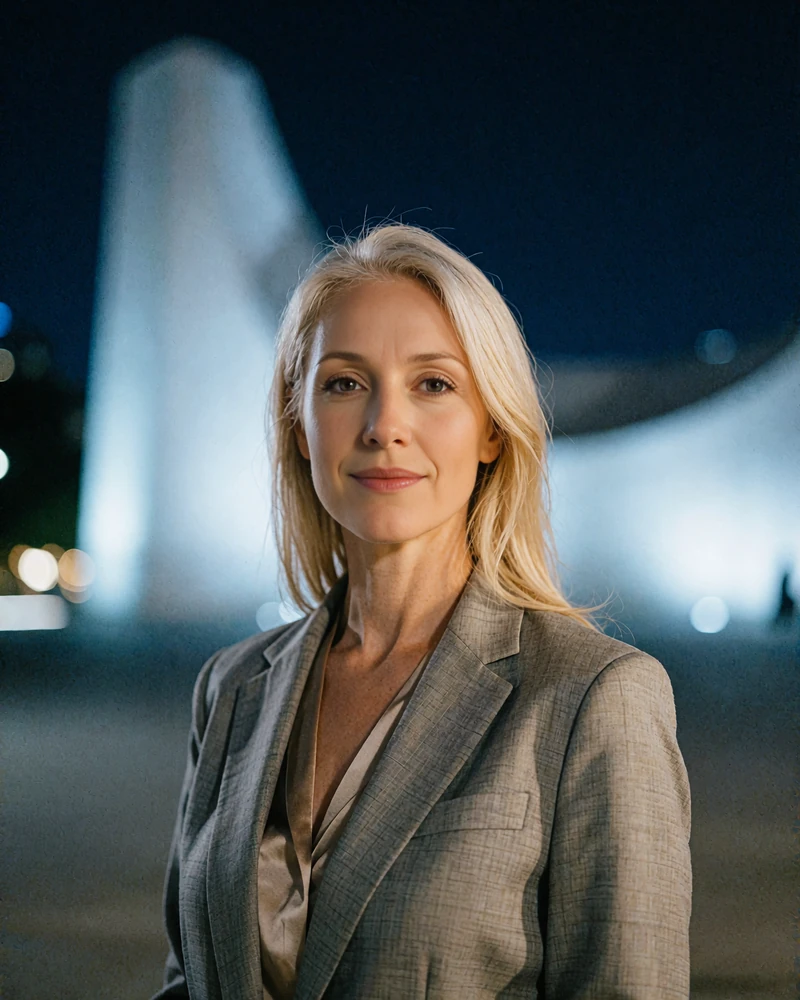 Woman with straight ash-blonde hair in a tailored grey blazer near Monument Circle at night - demonstration profile photo