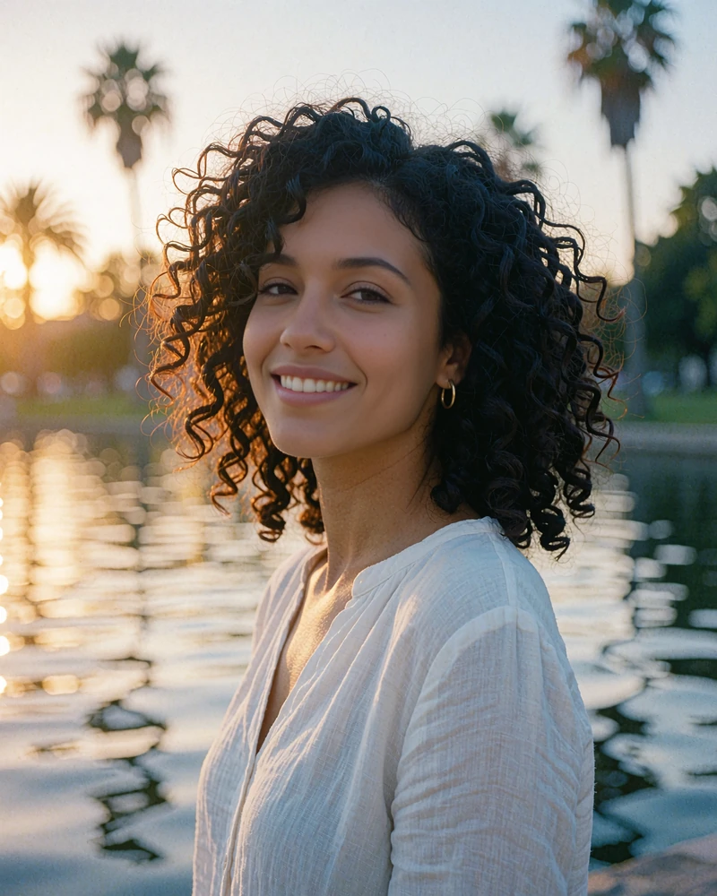 Young woman with dark curls in a white linen blouse at a lakefront park in Orlando at sunset - demonstration profile photo