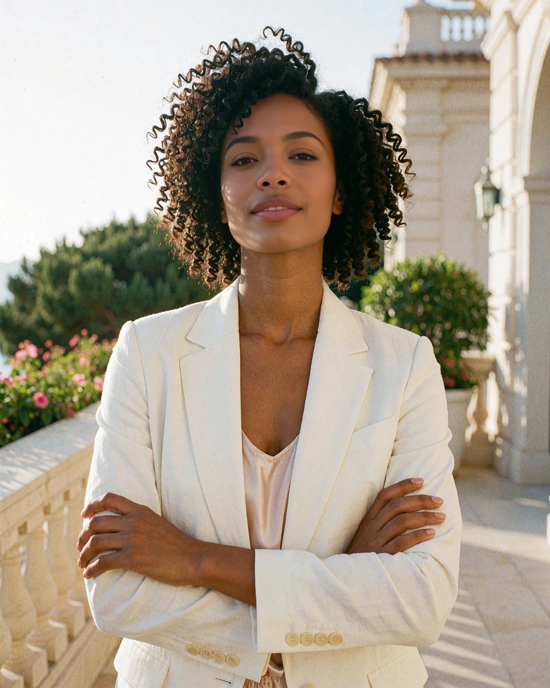Confident woman in a cream blazer on a sunlit hotel terrace - illustrative member profile photo