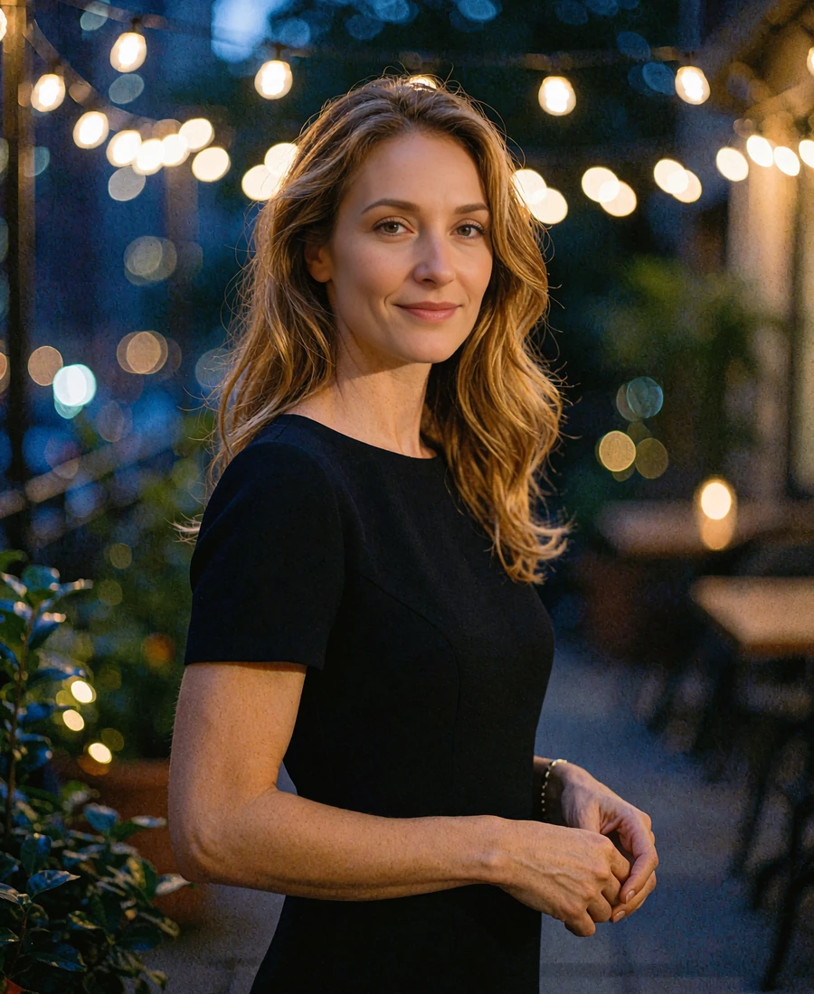 Woman with long caramel waves in a black cocktail dress on an Uptown Dallas terrace at dusk - illustrative demonstration profile