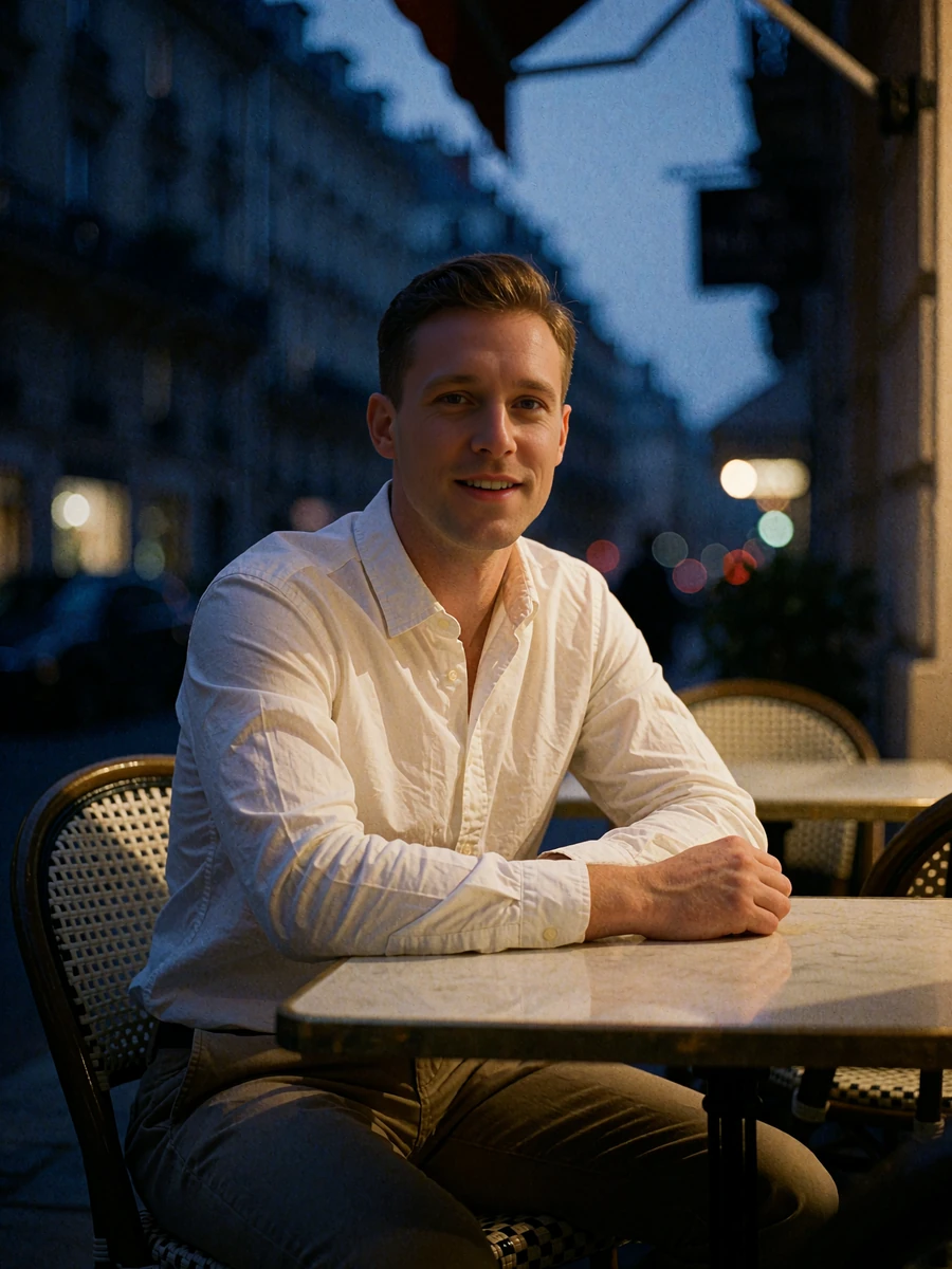 Bright man in a white shirt seated at a terrace table in early evening - illustrative member profile photo