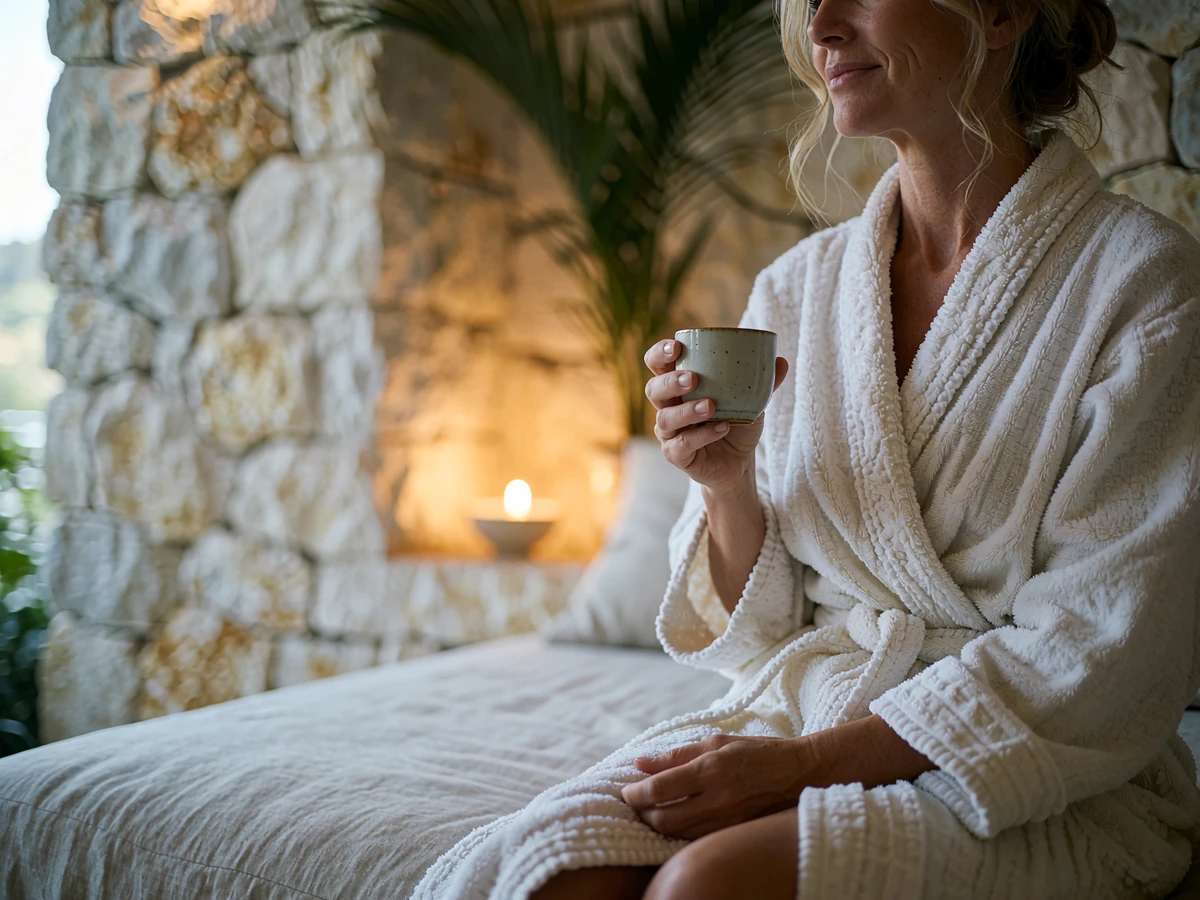 Woman in a white spa robe sitting on a linen daybed in a minimalist hotel spa lounge, holding a small ceramic cup