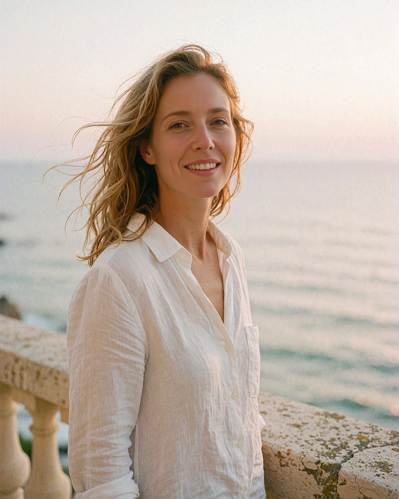Woman in a white linen shirt on a coastal hotel balcony with a pastel sea behind her - illustrative member profile photo