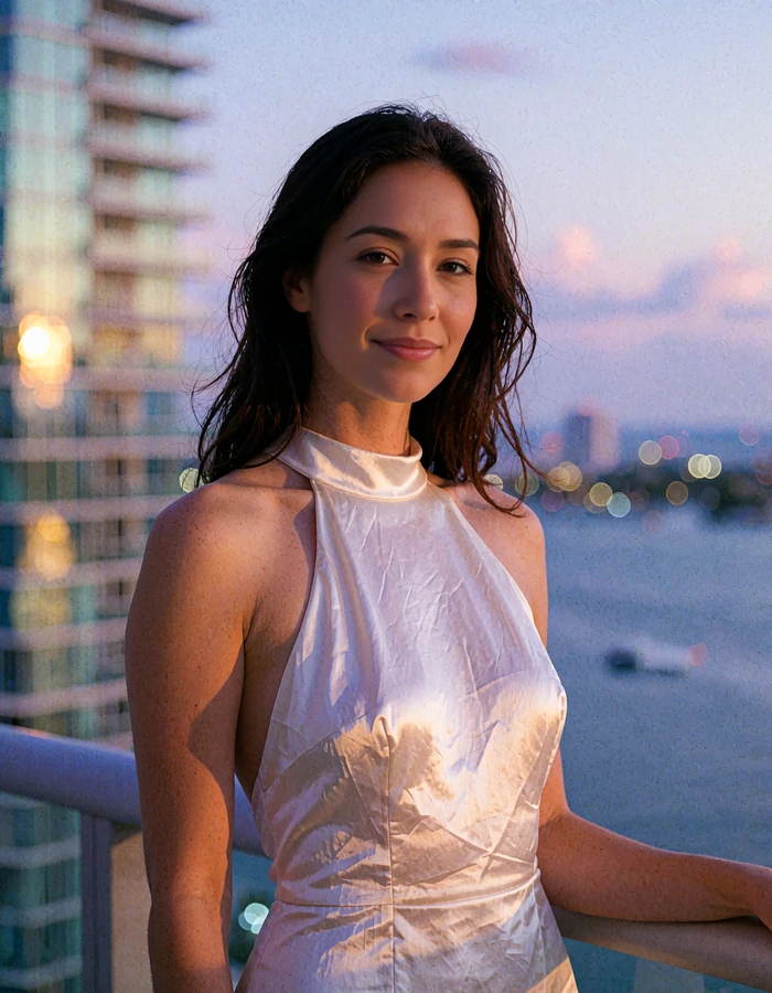 Woman with long dark hair in a white halter dress on a Brickell balcony at dusk - demonstration profile photo