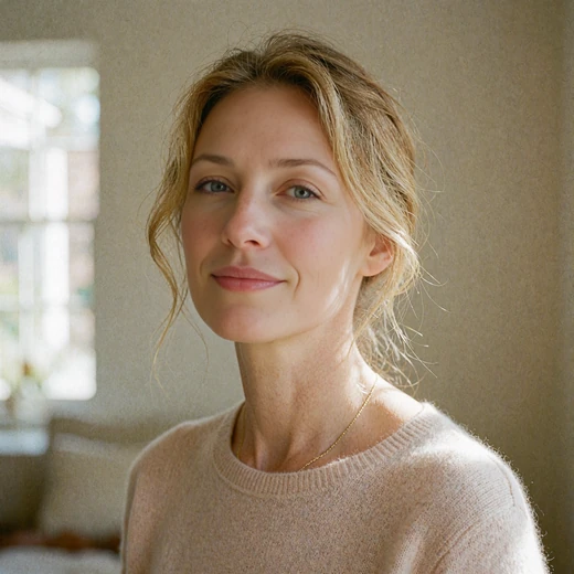 Close portrait of a woman with a soft, genuine smile and relaxed direct eye contact
