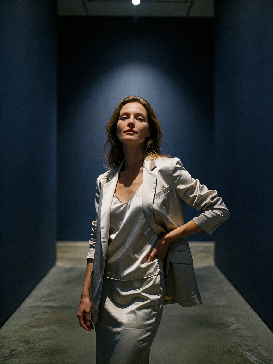 Refined woman in a pearl-grey silk blazer standing in a hushed gallery corridor - illustrative member profile photo