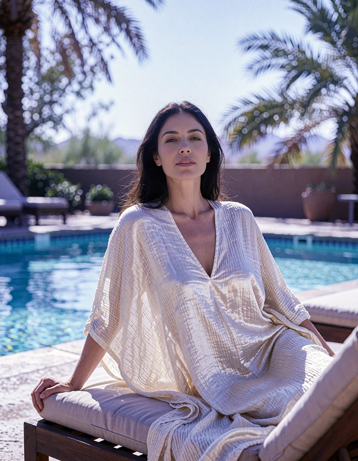 Woman with long dark hair in a cream kaftan seated at a shaded resort poolside near Phoenix - demonstration profile photo